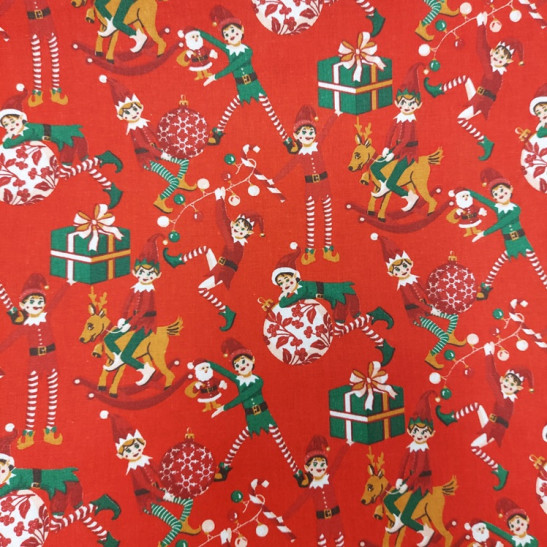 Christmas cotton print with elves color red