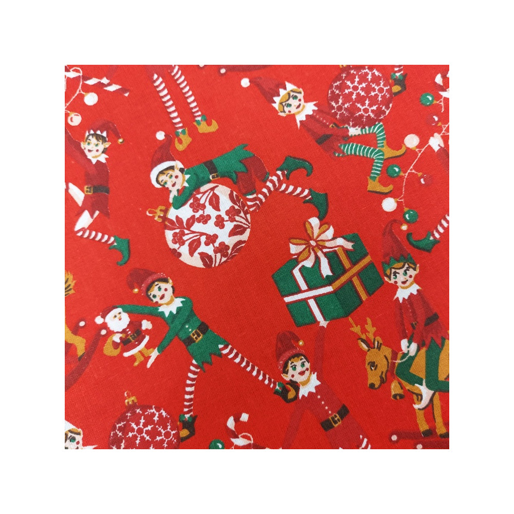 Christmas cotton print with elves color red