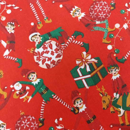 Christmas cotton print with elves color red