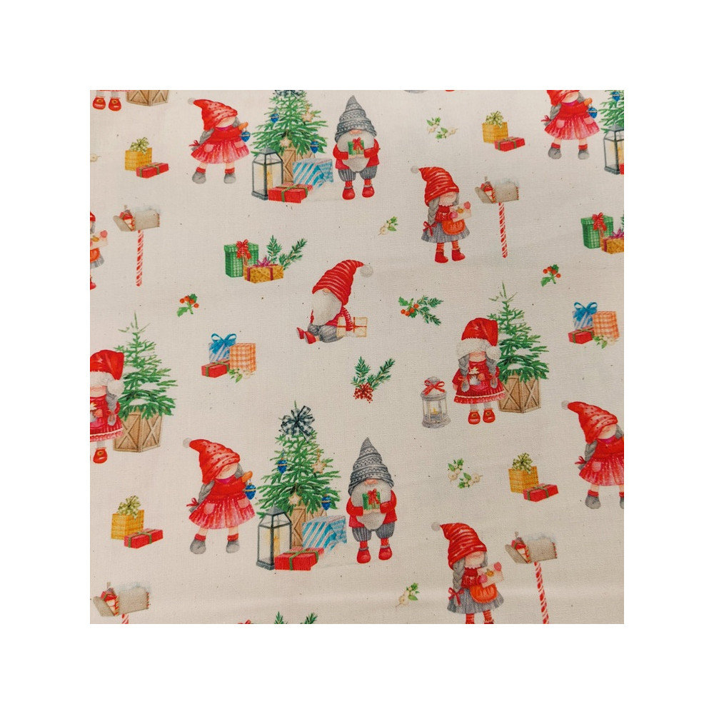 Christmas cotton print with gnomes color ecru