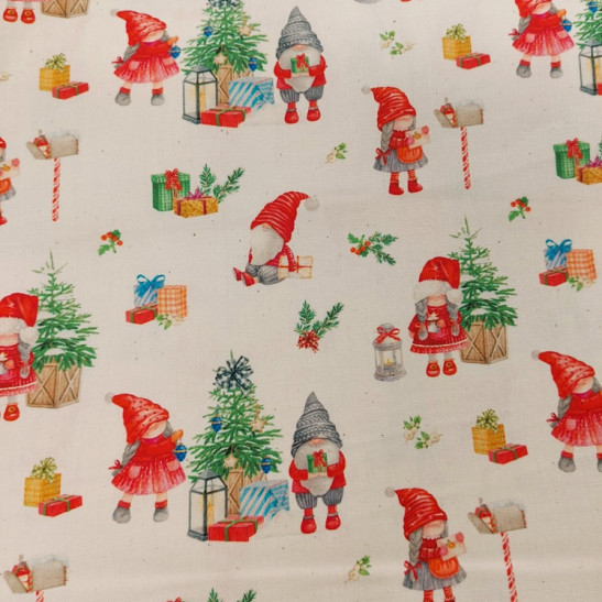 Tissu Noël coton imprimé gnomes coloris écru