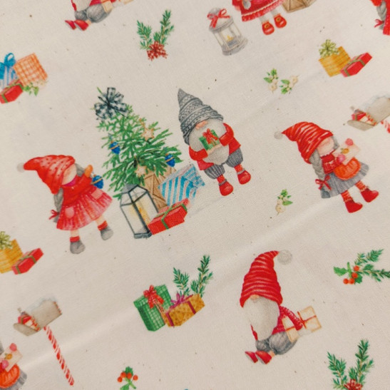 Tissu Noël coton imprimé gnomes coloris écru