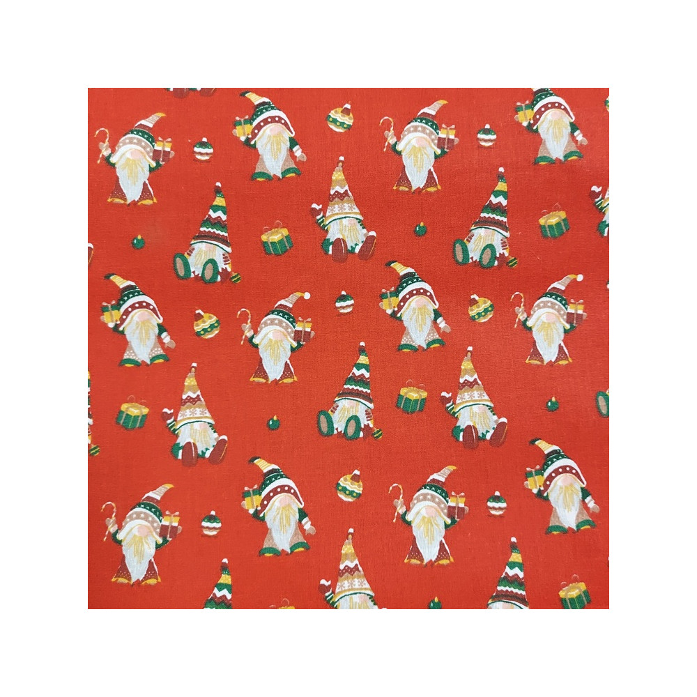 Tissu Noël Safeco coton imprimé gnomes coloris rouge