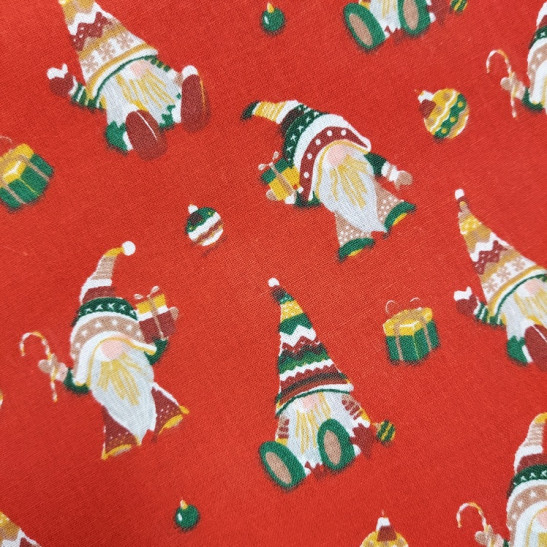 Christmas cotton print with gnomes color red