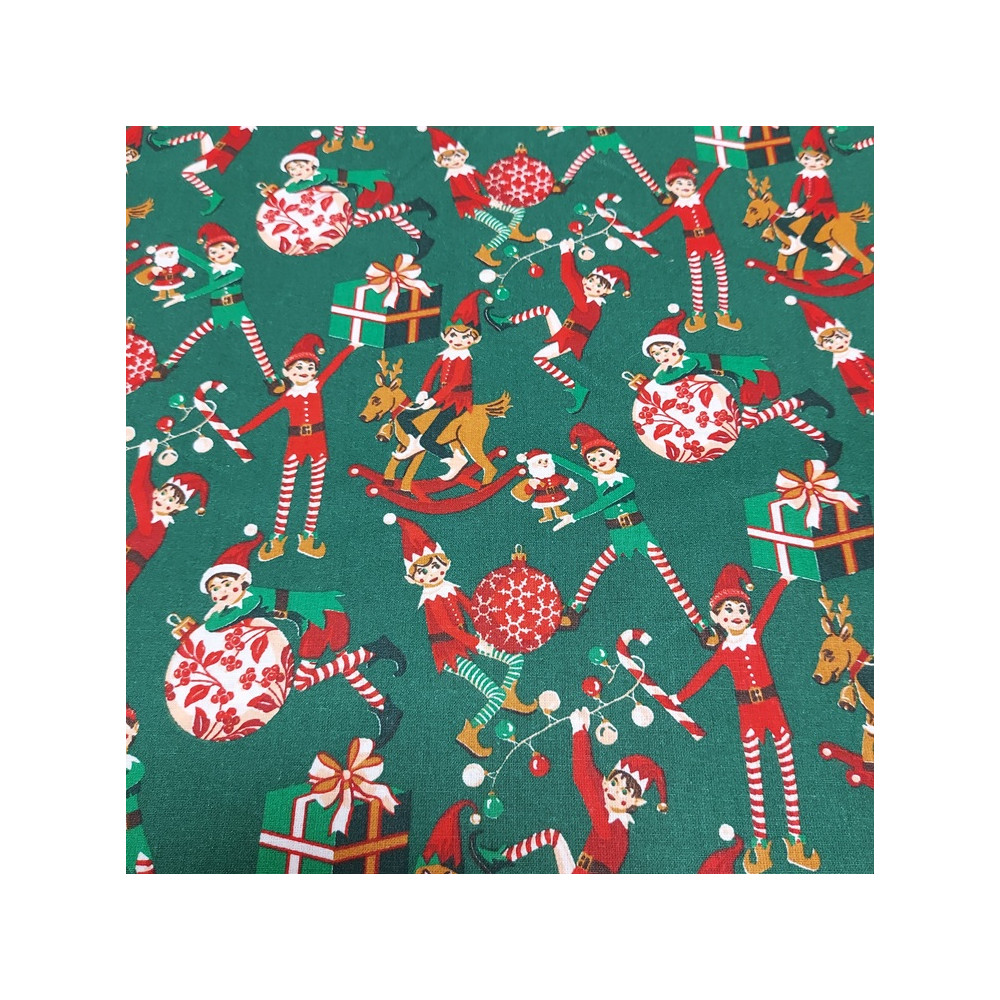 Christmas cotton print with elves color green