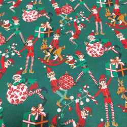 Tissu Noël Safeco coton imprimé lutins coloris vert