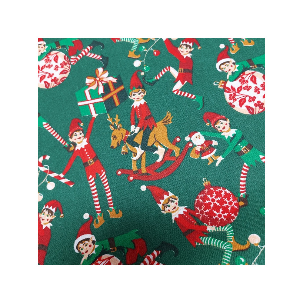 Christmas cotton print with elves color green