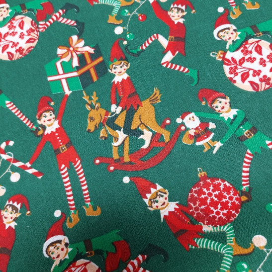 Tissu Noël Safeco coton imprimé lutins coloris vert