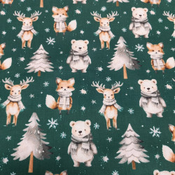 Tissu Noël coton imprimé renard coloris vert