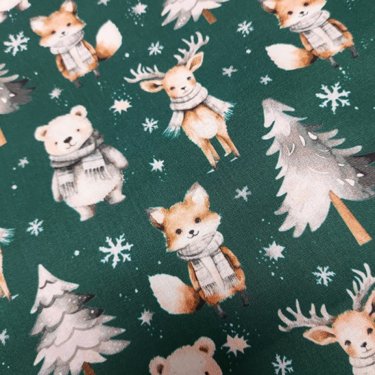 Tissu Noël coton imprimé renard coloris vert