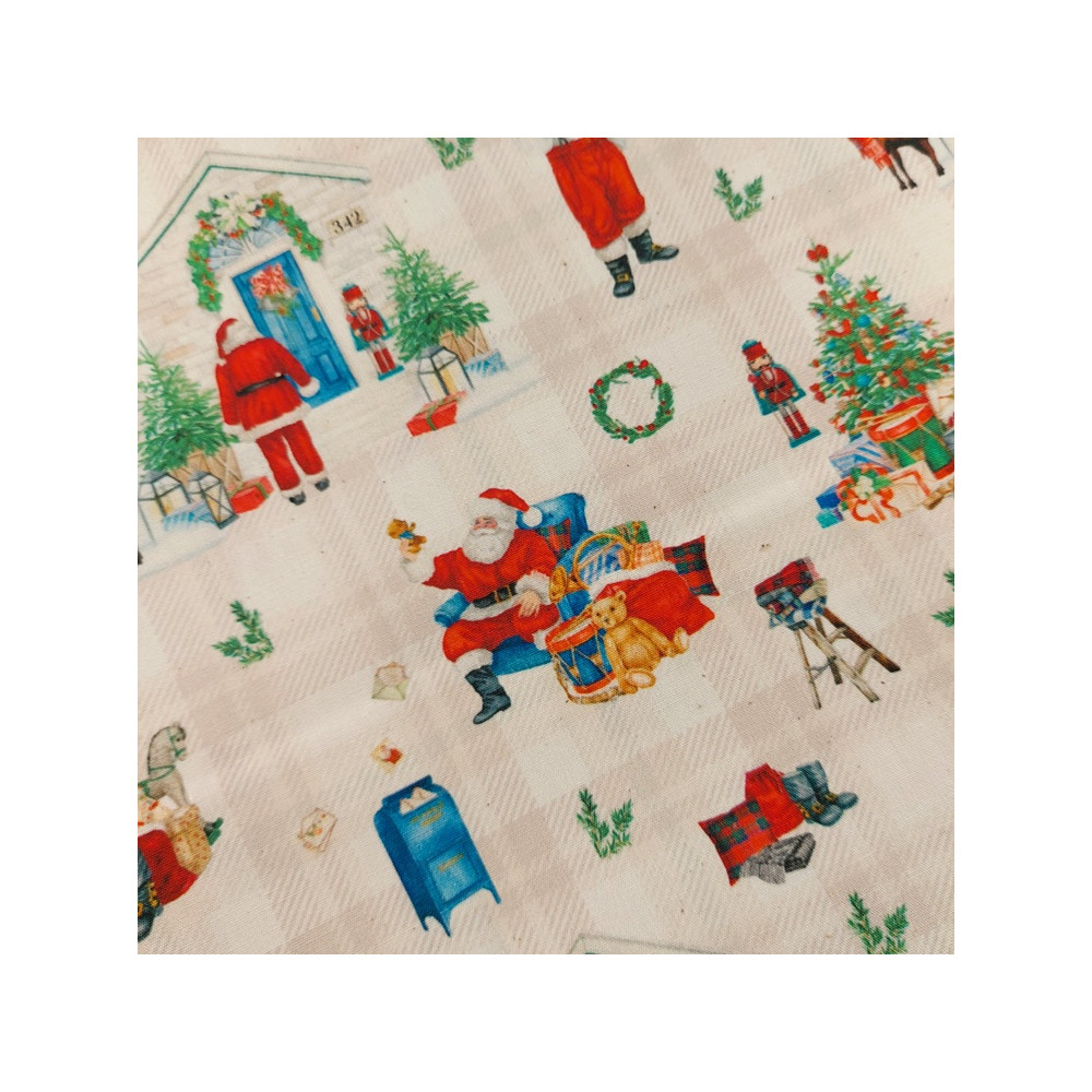 Tissu coton imprimé Père Noël coloris écru