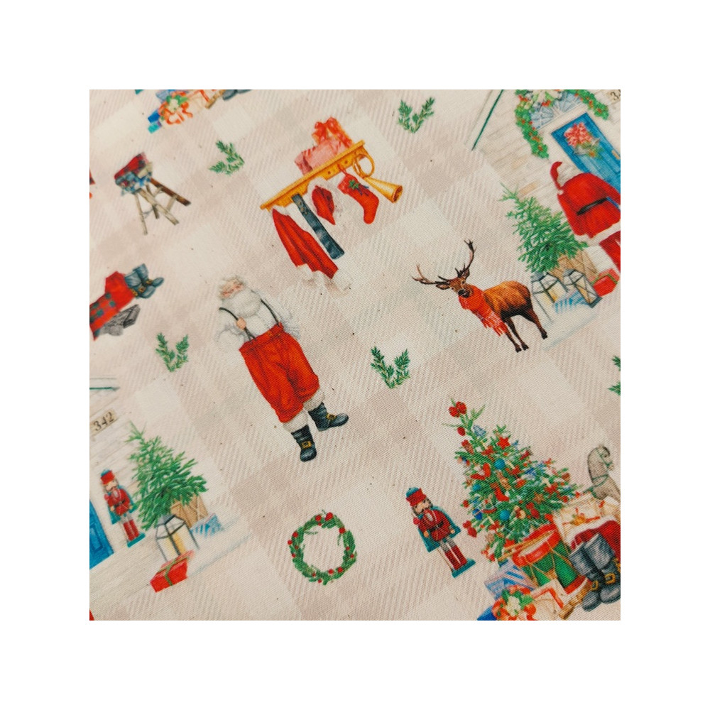 Tissu coton imprimé Père Noël coloris écru